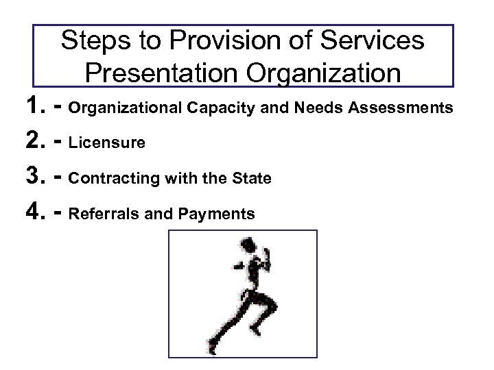 Steps to Provision of Services Presentation Organization 1. - Organizational Capacity and Needs Assessments