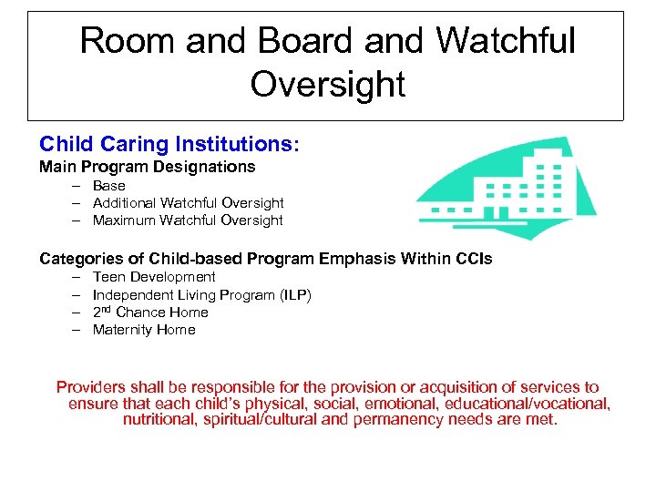 Room and Board and Watchful Oversight Child Caring Institutions: Main Program Designations – Base