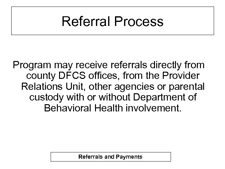 Referral Process Program may receive referrals directly from county DFCS offices, from the Provider