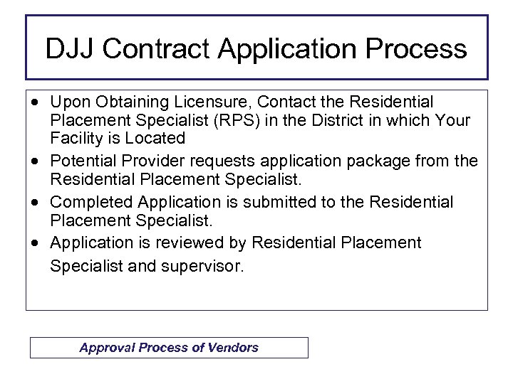 DJJ Contract Application Process · Upon Obtaining Licensure, Contact the Residential Placement Specialist (RPS)