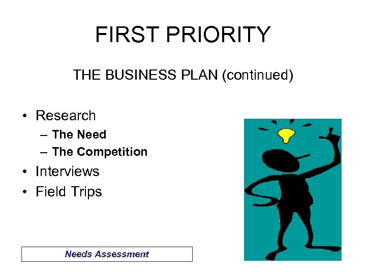 FIRST PRIORITY THE BUSINESS PLAN (continued) • Research – The Need – The Competition