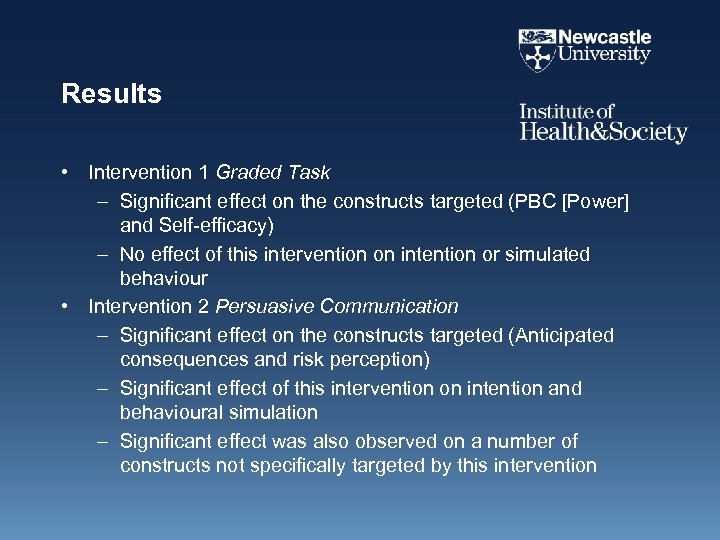 Results • Intervention 1 Graded Task – Significant effect on the constructs targeted (PBC