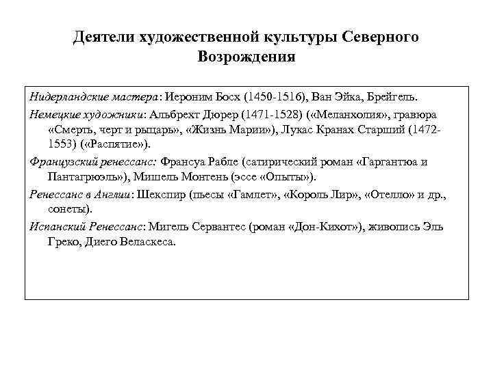 Деятели художественной культуры Северного Возрождения Нидерландские мастера: Иероним Босх (1450 -1516), Ван Эйка, Брейгель.