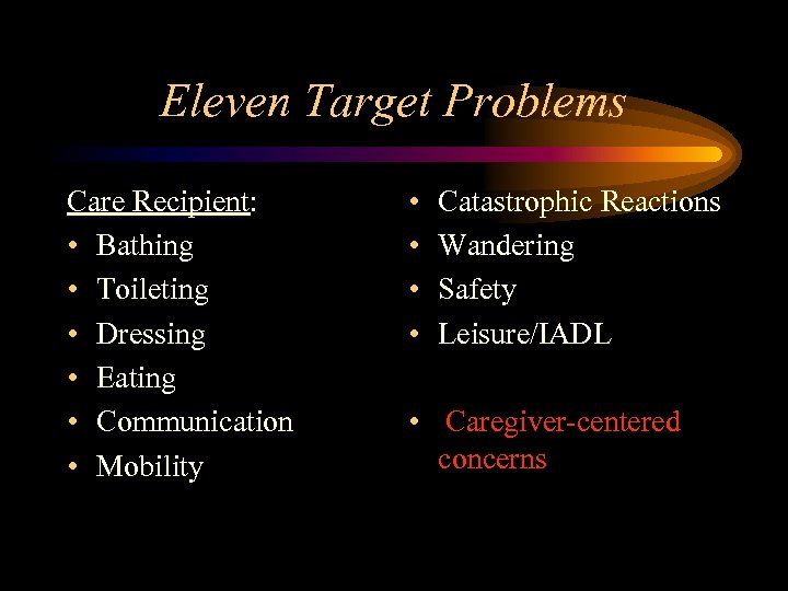 Eleven Target Problems Care Recipient: • Bathing • Toileting • Dressing • Eating •
