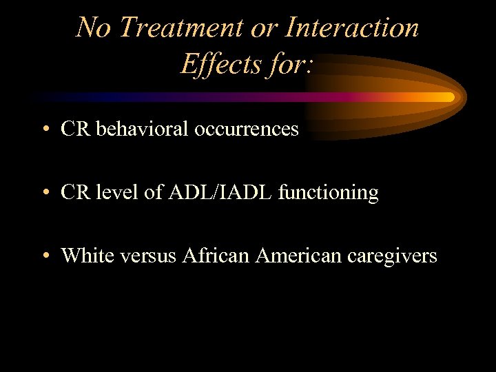 No Treatment or Interaction Effects for: • CR behavioral occurrences • CR level of
