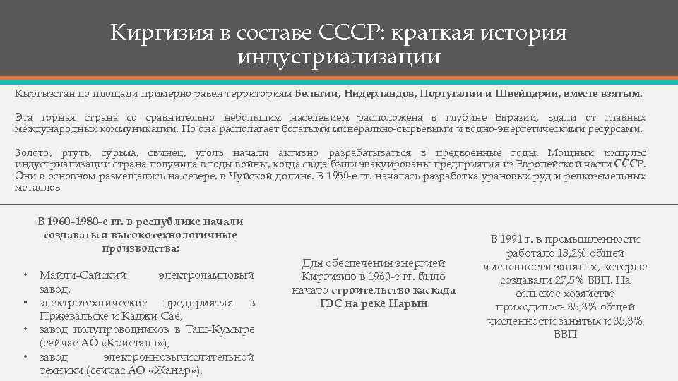 Киргизия в составе СССР: краткая история индустриализации Кыргызстан по площади примерно равен территориям Бельгии,