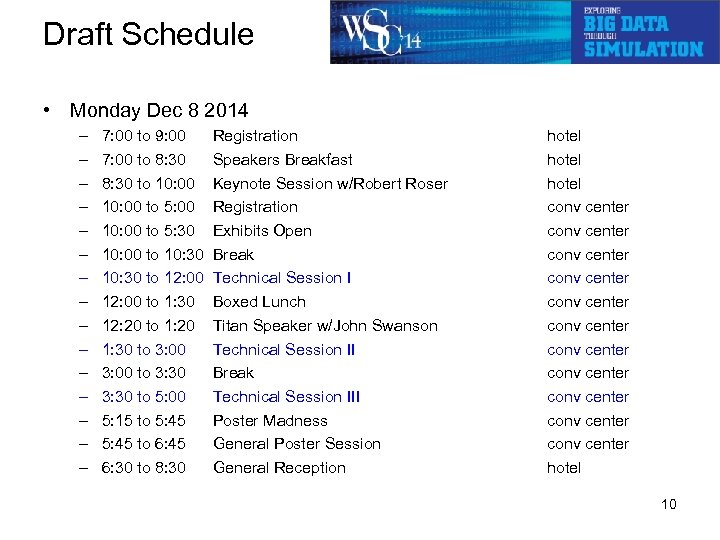 Draft Schedule • Monday Dec 8 2014 – – – – 7: 00 to