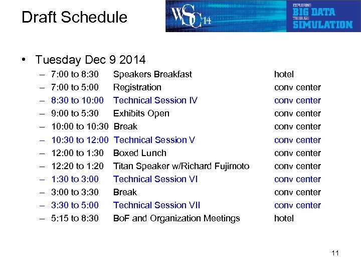 Draft Schedule • Tuesday Dec 9 2014 – – – 7: 00 to 8: