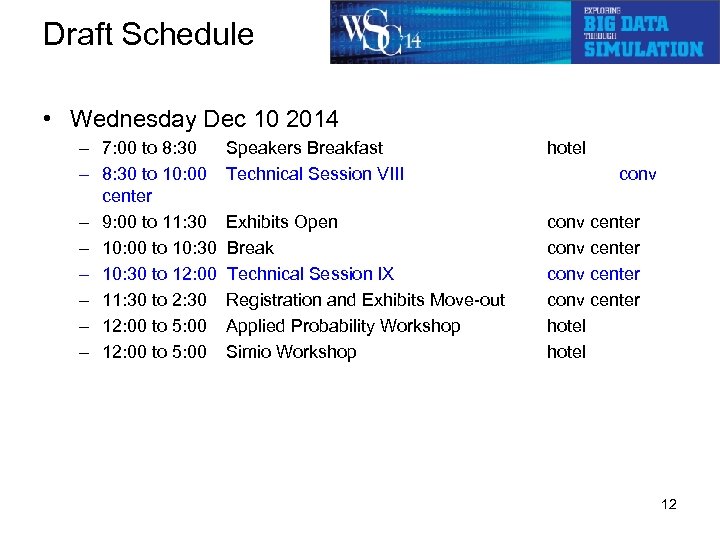 Draft Schedule • Wednesday Dec 10 2014 – 7: 00 to 8: 30 Speakers