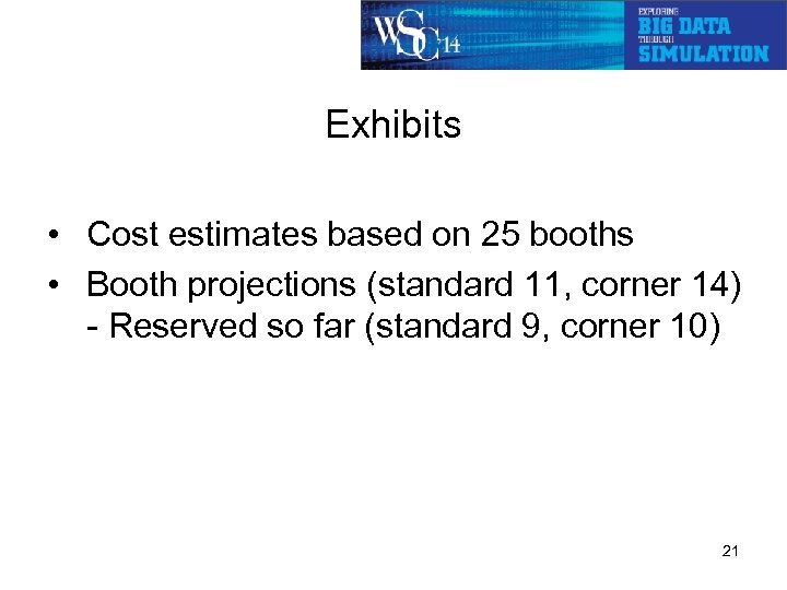 Exhibits • Cost estimates based on 25 booths • Booth projections (standard 11, corner