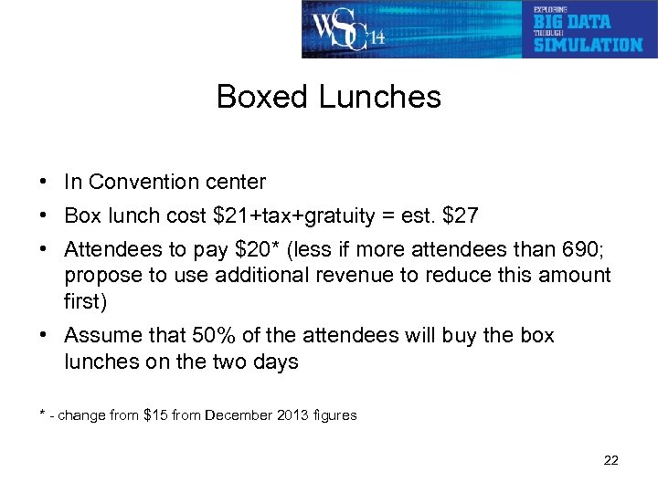 Boxed Lunches • In Convention center • Box lunch cost $21+tax+gratuity = est. $27