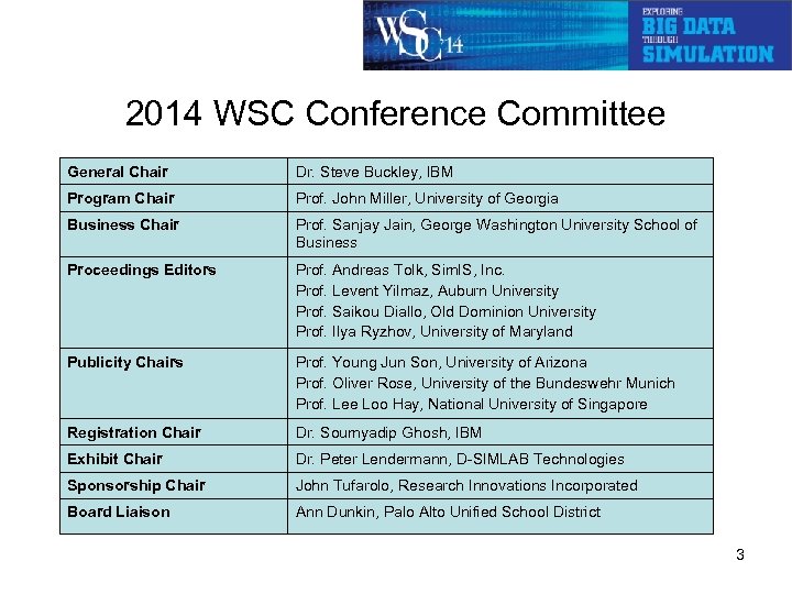 2014 WSC Conference Committee General Chair Dr. Steve Buckley, IBM Program Chair Prof. John
