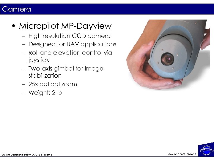 Camera • Micropilot MP-Dayview – High resolution CCD camera – Designed for UAV applications