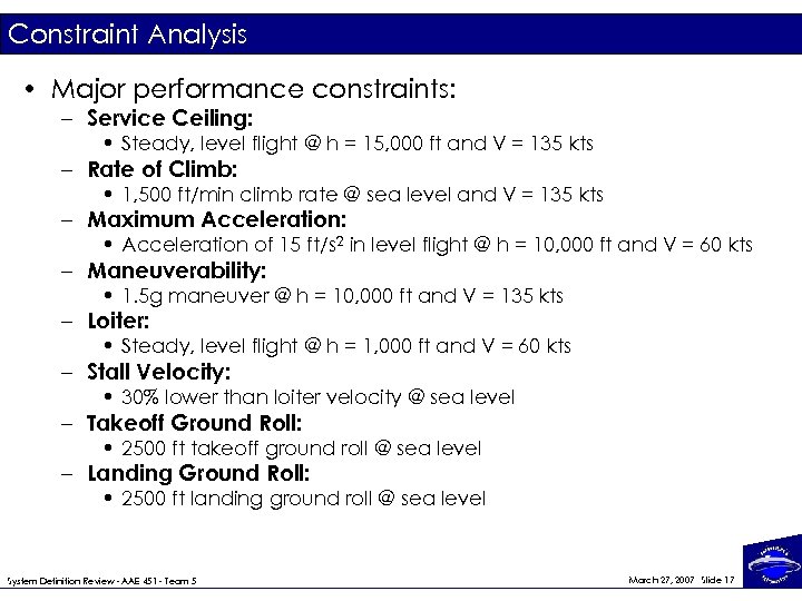 Constraint Analysis • Major performance constraints: – Service Ceiling: • Steady, level flight @