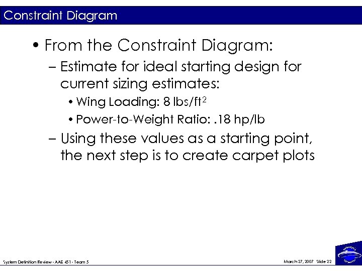 Constraint Diagram • From the Constraint Diagram: – Estimate for ideal starting design for