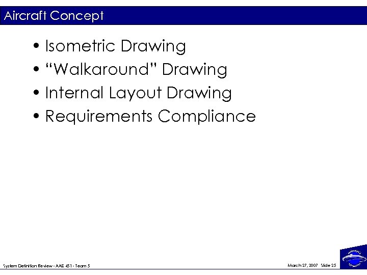 Aircraft Concept • Isometric Drawing • “Walkaround” Drawing • Internal Layout Drawing • Requirements