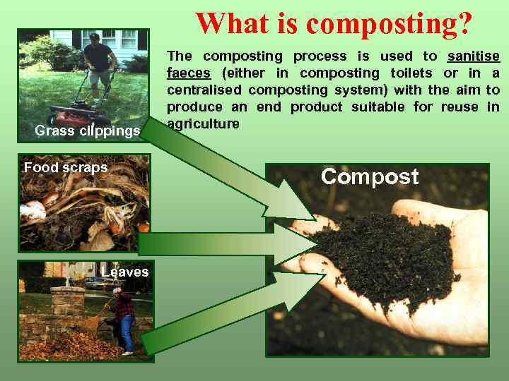 What is composting? Grass clippings Food scraps Leaves The composting process is used to