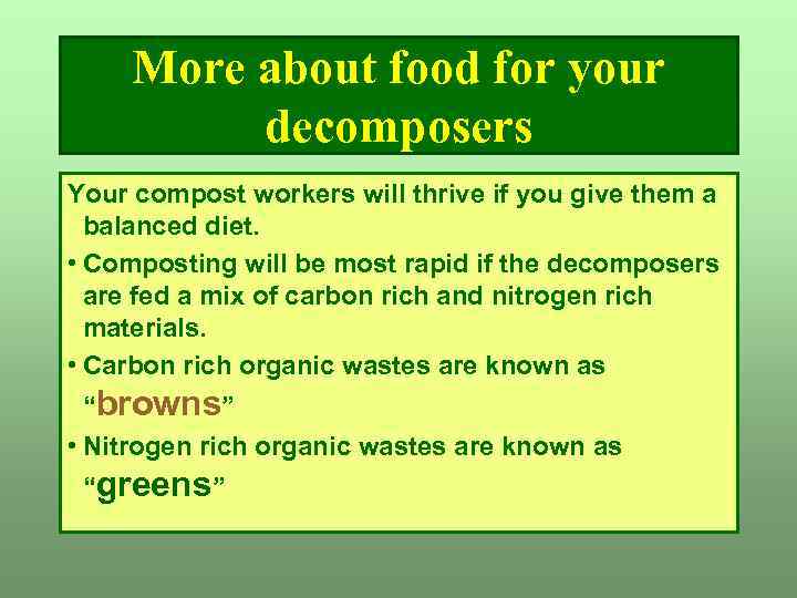 More about food for your decomposers Your compost workers will thrive if you give