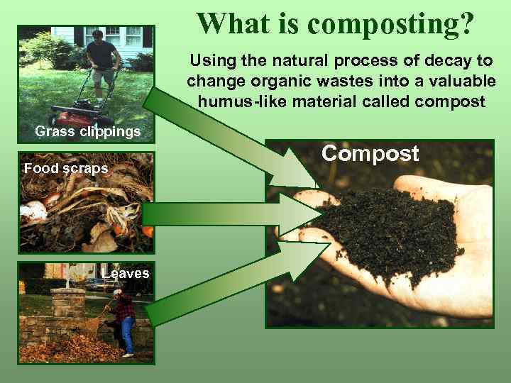 What is composting? Using the natural process of decay to change organic wastes into