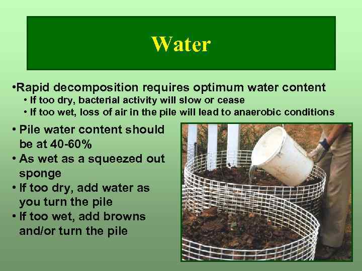 Water • Rapid decomposition requires optimum water content • If too dry, bacterial activity