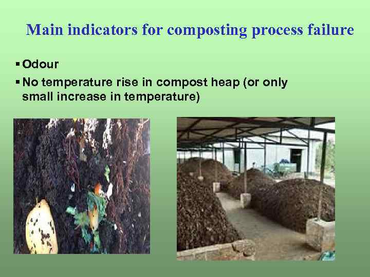 Main indicators for composting process failure § Odour § No temperature rise in compost