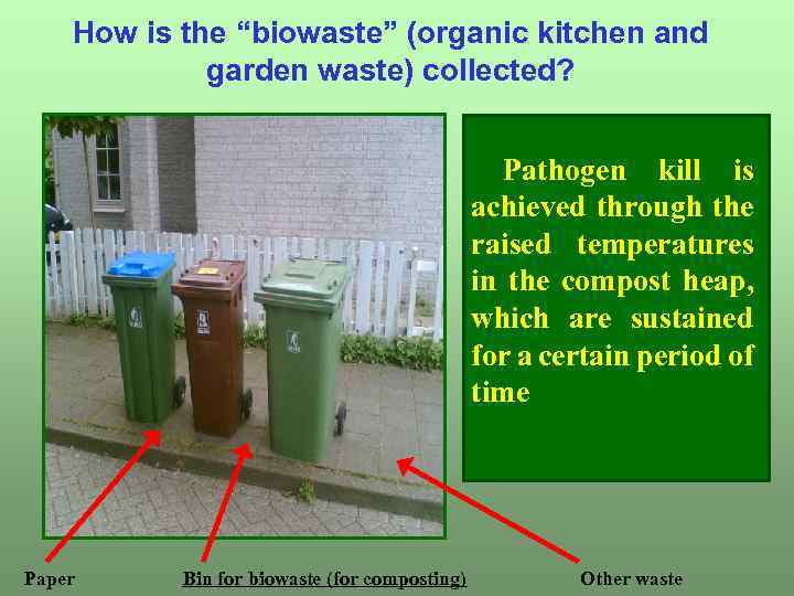 How is the “biowaste” (organic kitchen and garden waste) collected? Pathogen kill is achieved