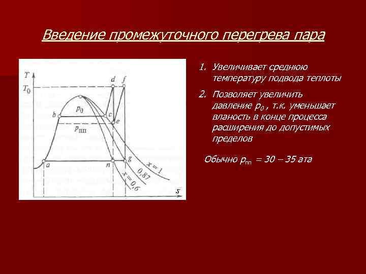 Введение промежуточного перегрева пара 1. Увеличивает среднюю температуру подвода теплоты 2. Позволяет увеличить давление