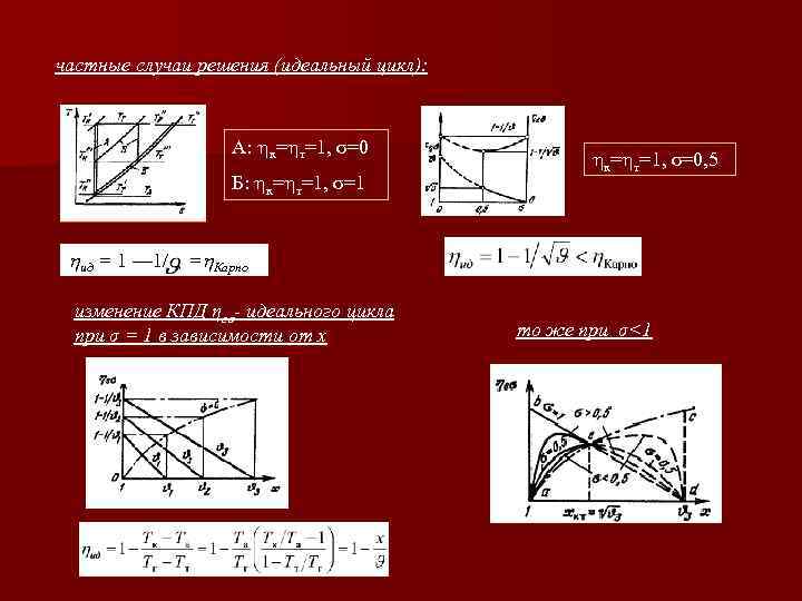 частные случаи решения (идеальный цикл): А: к= т=1, σ=0 Б: к= т=1, σ=1 к=