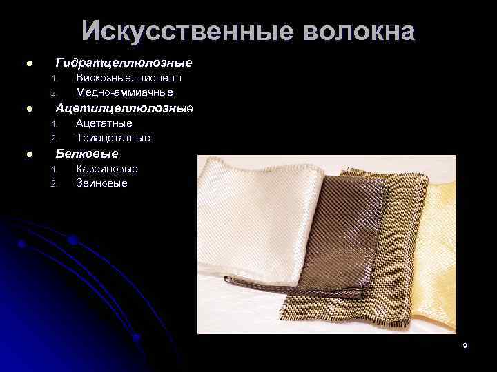 Искусственные волокна l Гидратцеллюлозные 1. 2. l Ацетилцеллюлозные 1. 2. l Вискозные, лиоцелл Медно-аммиачные