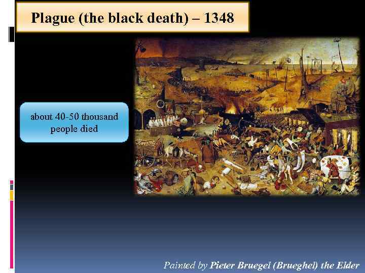 Plague (the black death) – 1348 about 40 -50 thousand people died Painted by