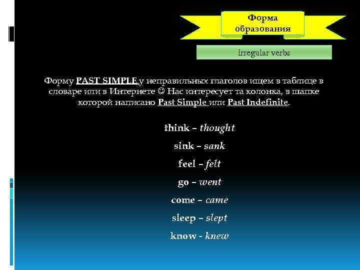 Форма образования irregular verbs Форму PAST SIMPLE у неправильных глаголов ищем в таблице в