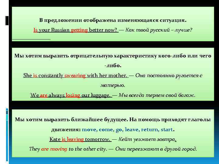 В предложении отображена изменяющаяся ситуация. Is your Russian getting better now? — Как твой