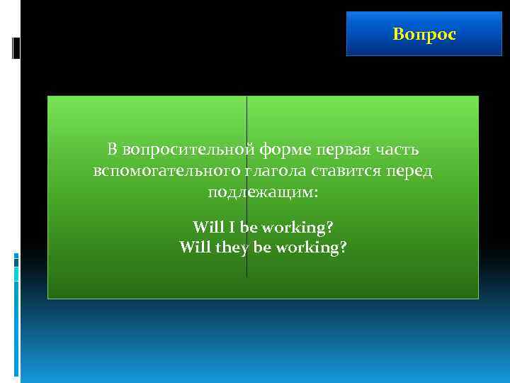 Вопрос В вопросительной форме первая часть вспомогательного глагола ставится перед подлежащим: Will I be