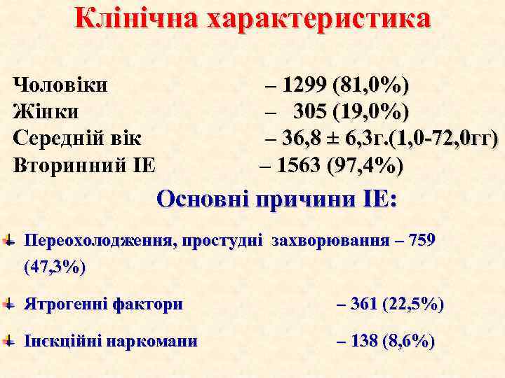Клінічна характеристика Чоловіки Жінки Середній вік Вторинний ІЕ – 1299 (81, 0%) – 305