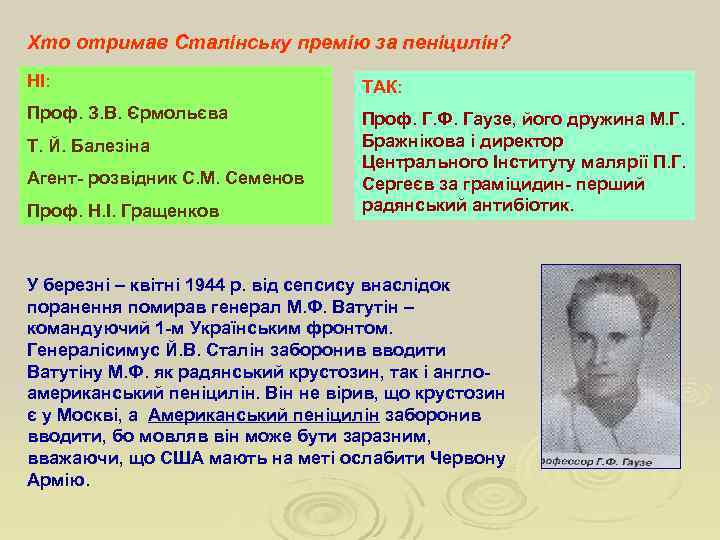 Хто отримав Сталінську премію за пеніцилін? НІ: ТАК: Проф. З. В. Єрмольєва Проф. Г.