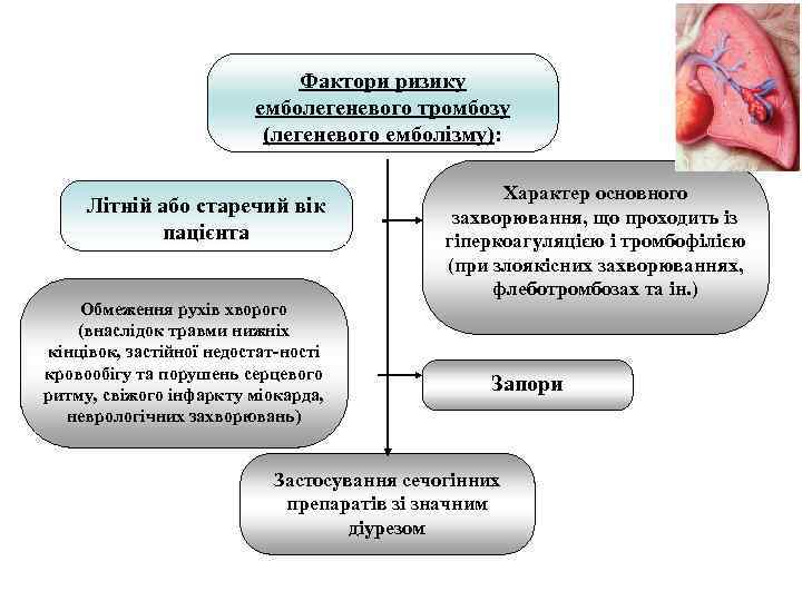 Фактори ризику емболегеневого тромбозу (легеневого емболізму): Літній або старечий вік пацієнта Обмеження рухів хворого
