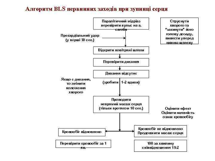 Алгоритм BLS первинних заходів при зупинці серця Паралітичний мідріаз перевірити пульс на a. carotis