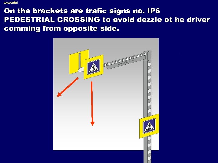 ZACLONĚNÍ On the brackets are trafic signs no. IP 6 PEDESTRIAL CROSSING to avoid