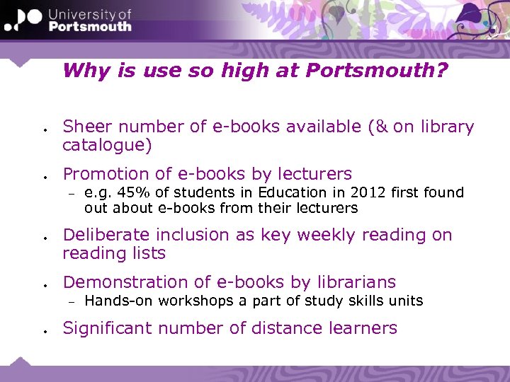 Why is use so high at Portsmouth? Sheer number of e-books available (& on