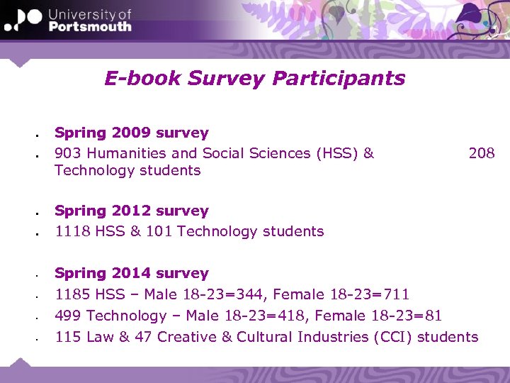 E-book Survey Participants • • Spring 2009 survey 903 Humanities and Social Sciences (HSS)