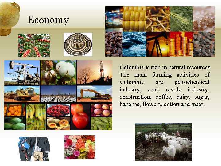 Economy Colombia is rich in natural resources. The main farming activities of Colombia are