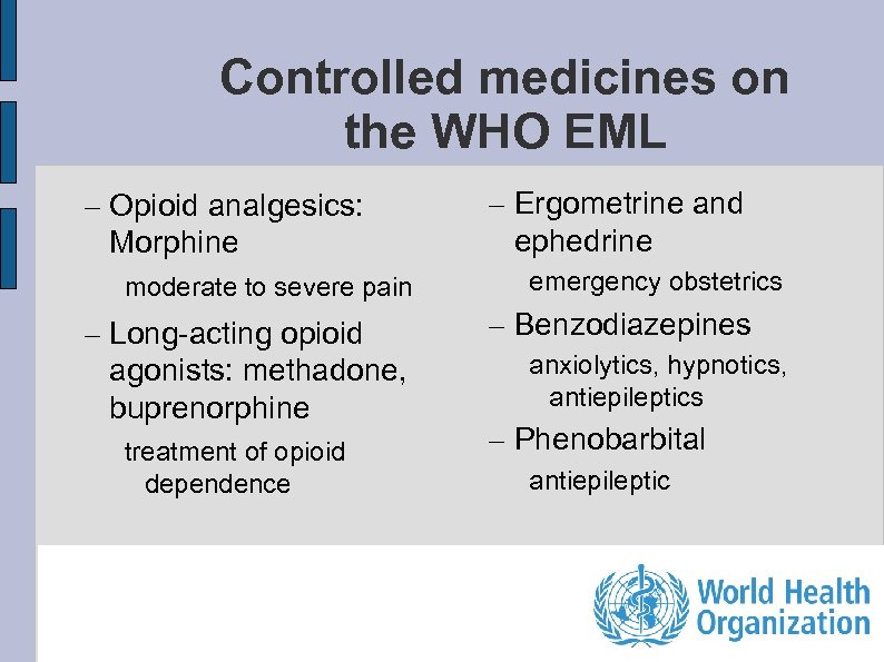 Controlled medicines on the WHO EML – Opioid analgesics: Morphine moderate to severe pain