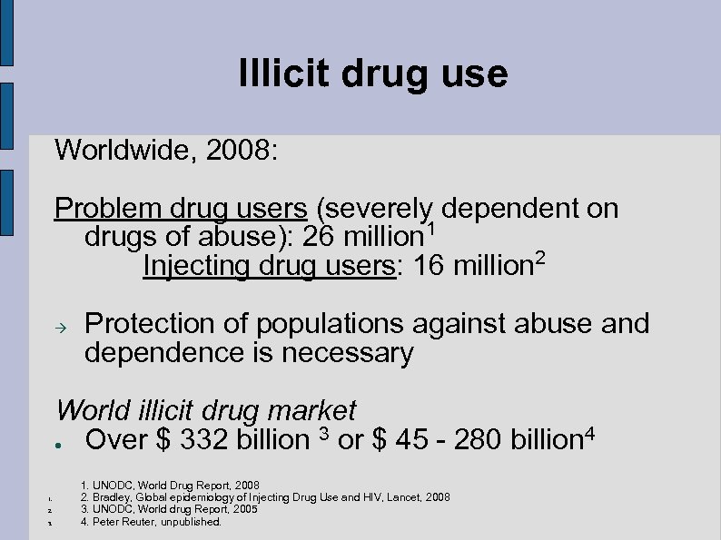 Illicit drug use Worldwide, 2008: Problem drug users (severely dependent on drugs of abuse):