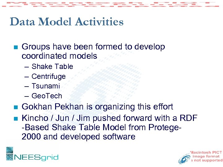 Data Model Activities n Groups have been formed to develop coordinated models – –