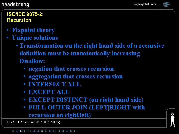 ISO/IEC 9075 -2: Recursion • Fixpoint theory • Unique solutions • Transformation on the