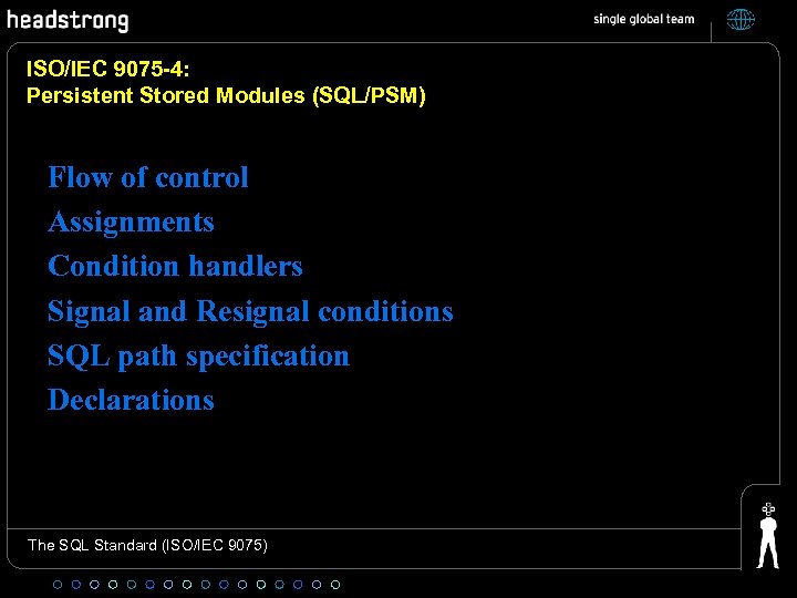 ISO/IEC 9075 -4: Persistent Stored Modules (SQL/PSM) Flow of control Assignments Condition handlers Signal