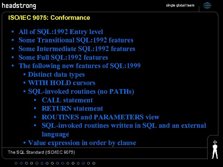 ISO/IEC 9075: Conformance • • • All of SQL: 1992 Entry level Some Transitional