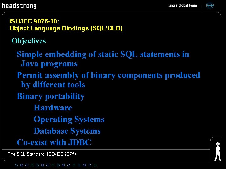 ISO/IEC 9075 -10: Object Language Bindings (SQL/OLB) Objectives Simple embedding of static SQL statements