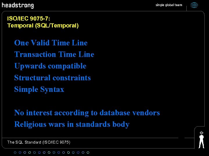 ISO/IEC 9075 -7: Temporal (SQL/Temporal) One Valid Time Line Transaction Time Line Upwards compatible