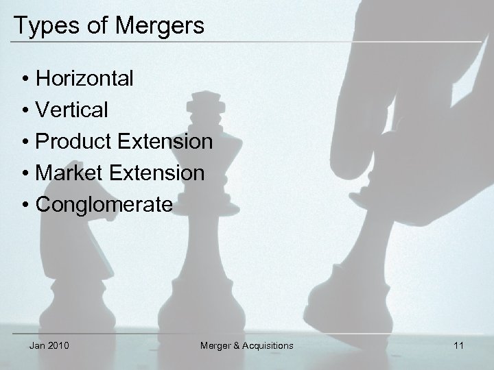 Types of Mergers • Horizontal • Vertical • Product Extension • Market Extension •